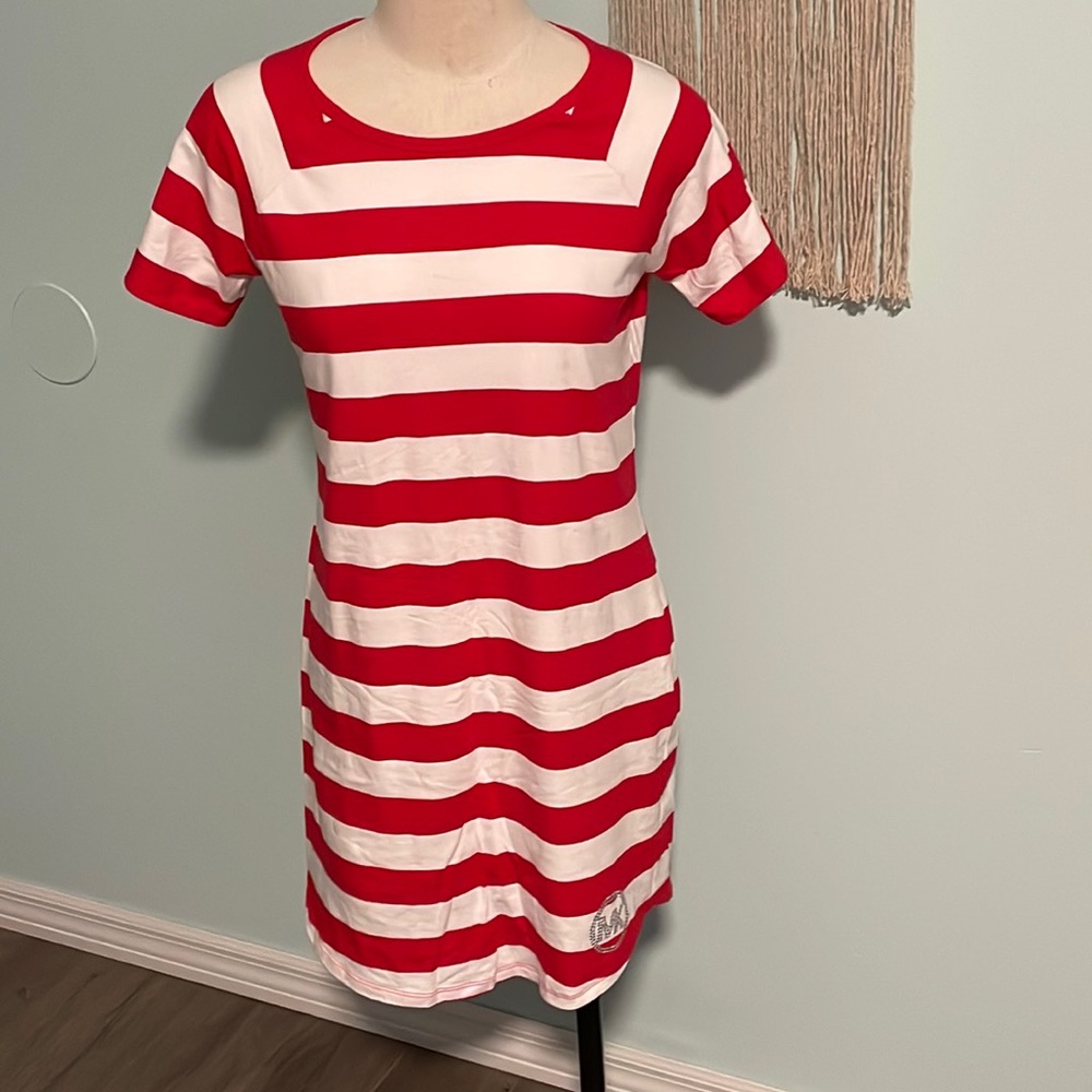 Michael Kors Red/White Soft Stretch Sequin Logo Dress M Medium